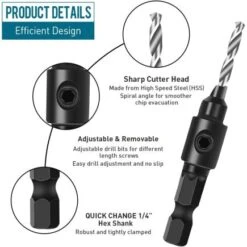 Lumberjack Quick Change 1/4" Hex Shank Adjustable Countersink Drill Bit Set -Home Tools Shop CS4FC 3