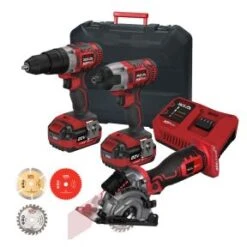 Lumberjack Cordless 20V Twin Kit Combi Drill Impact Driver Drill & Mini Plunge Saw With 4A Batteries Fast Charger & Blades