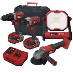 Lumberjack Cordless 20V Combi Drill Impact Driver Drill Work Light & Angle Grinder With 4A Batteries & Fast Charger